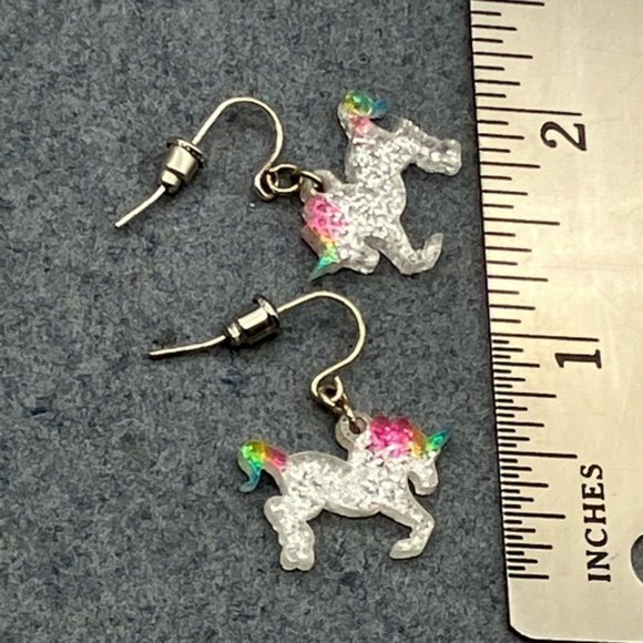 Unicorn Dangle Pierced Earrings Clear Glitter Rainbow Silver Retro 80s Pride - Picture 4 of 5